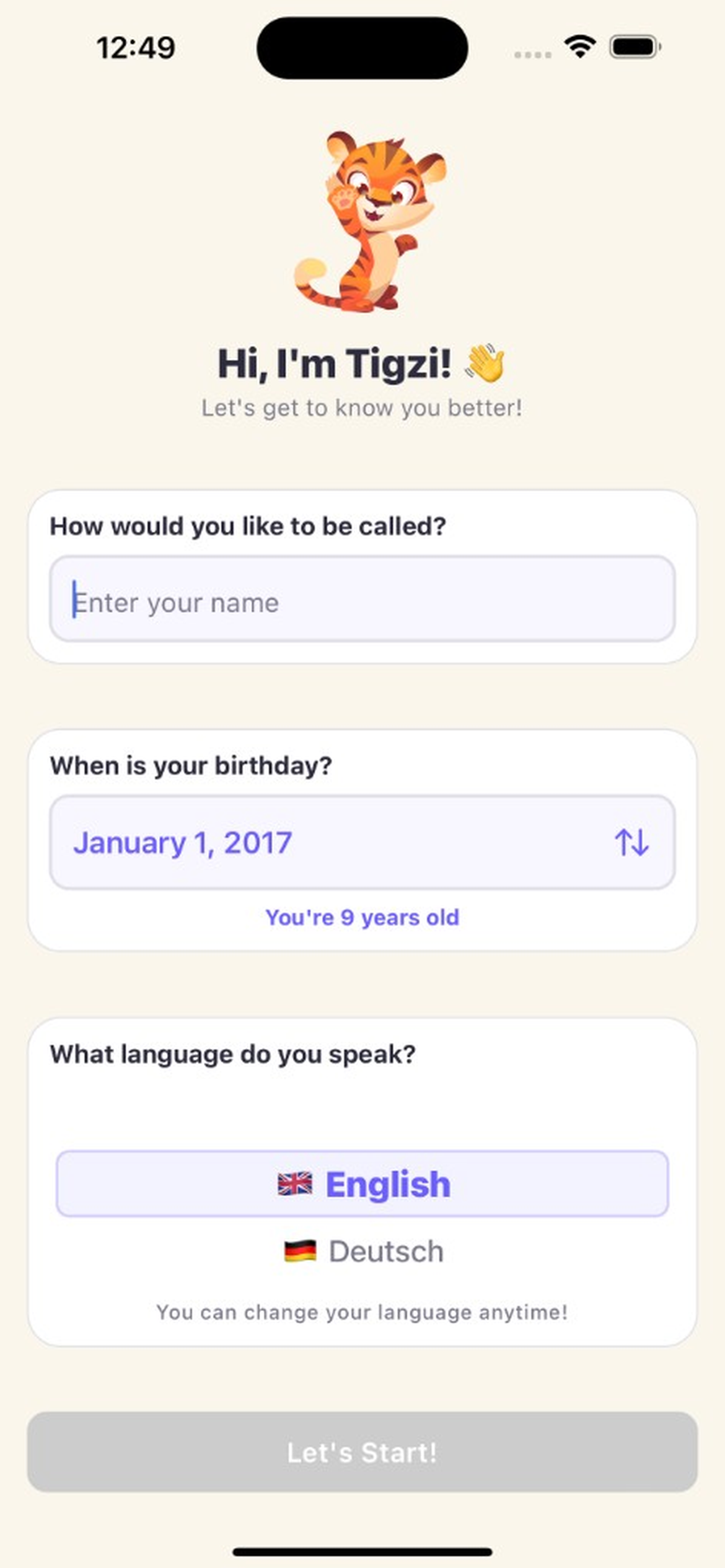 Kid profile setup in Tigzi
