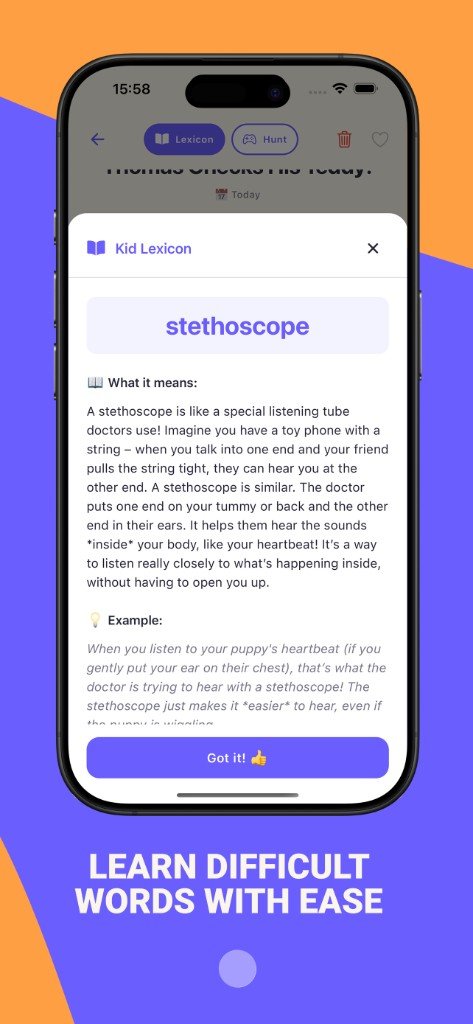 Kid Lexicon vocabulary builder explaining the word stethoscope in simple, child-friendly language