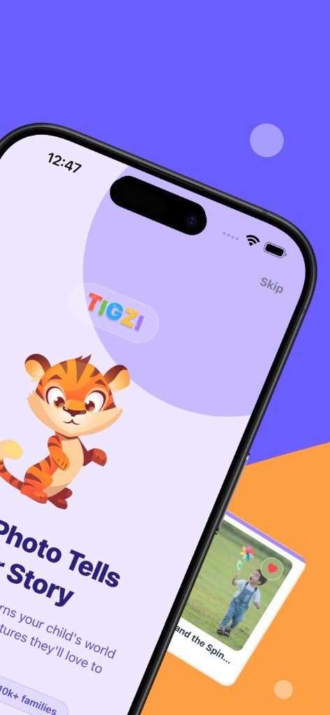 Tigzi tiger mascot welcoming kids to the learn-to-read app that turns photos into stories