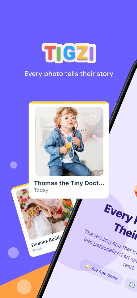 Tigzi kids reading app story library with personalized storybooks created from family photos