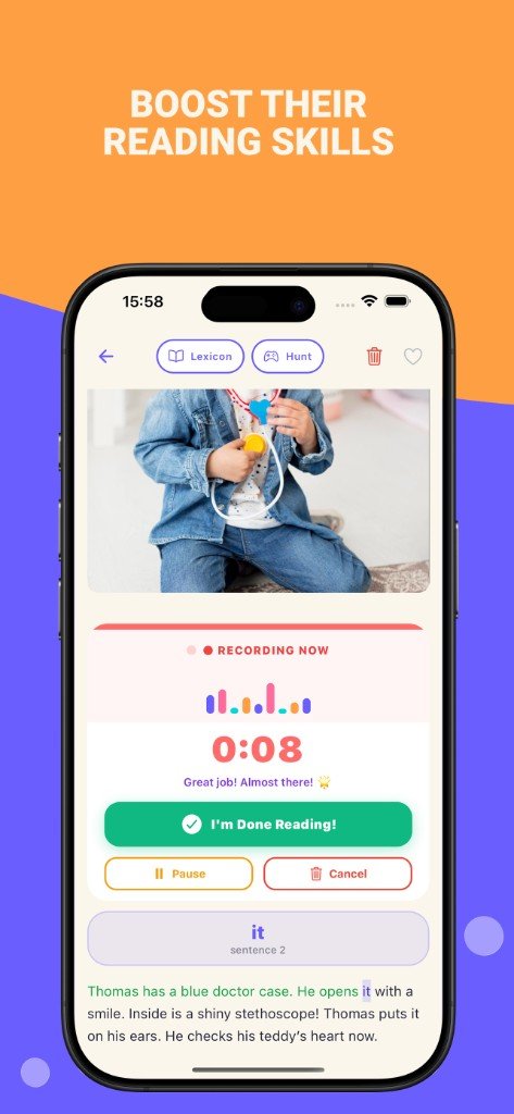Child reading aloud practice with recording and karaoke-style word highlighting to boost reading skills