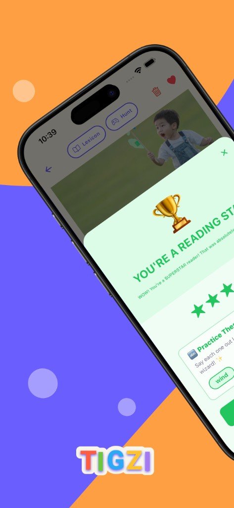 Reading star celebration screen with trophy and stars rewarding a child after reading aloud
